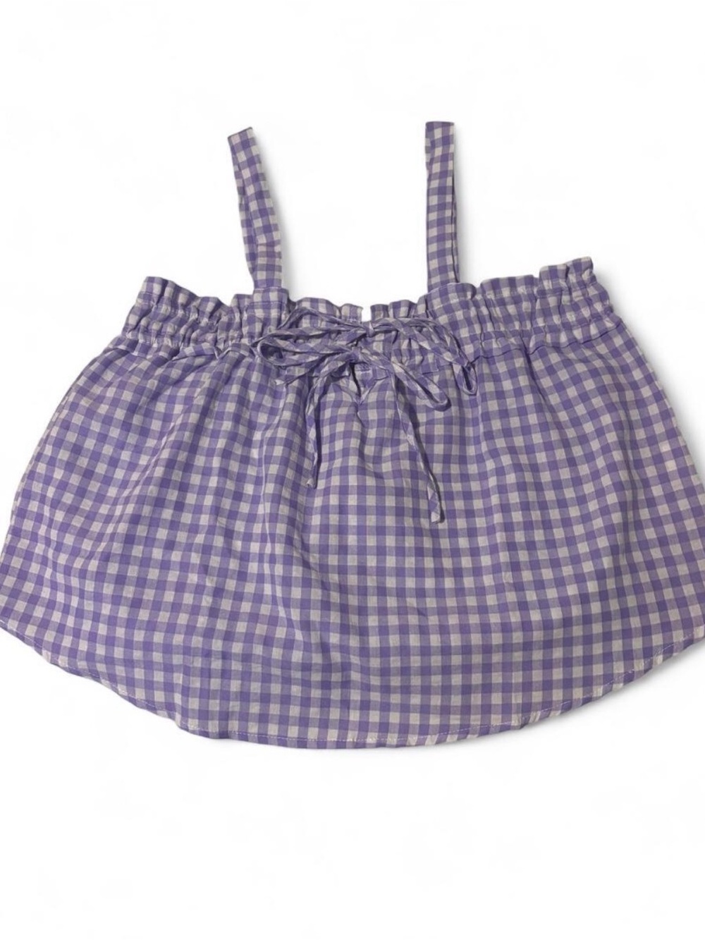 Purple & White Gingham Crop Top with Front Ribbon Detail Size L